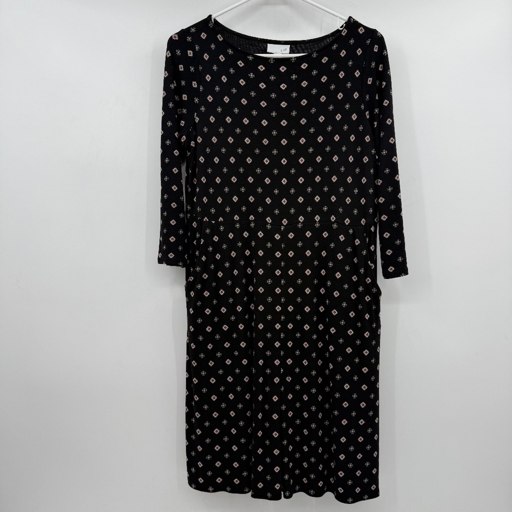 J Jill Dress Women Small Black 3/4 Sleeve Pockets Aztec Geometric Knit Stretch